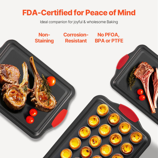 Baking Pan Set 3-Piece Nonstick Carbon Steel Bakeware Set With Silicone Handle